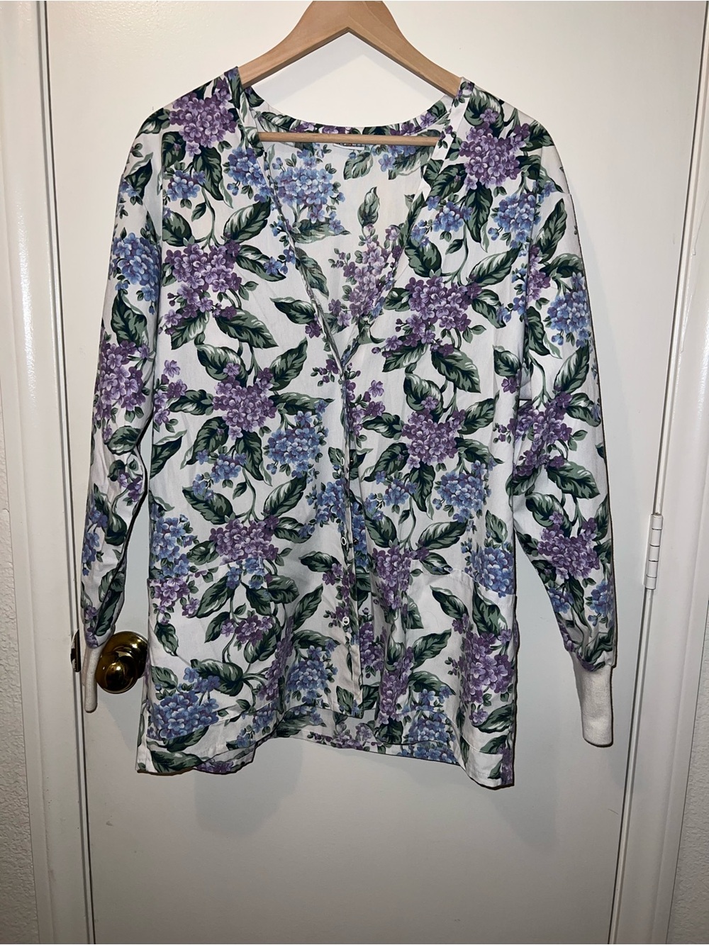 Barco Uniforms White Floral Button-Front Top with Purple & Blue Blooms